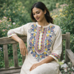 Ivory Peacock Heritage Hand-Painted Kurti - Image 3
