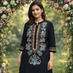 Black Multicolor Peacock Folk Art Kurti