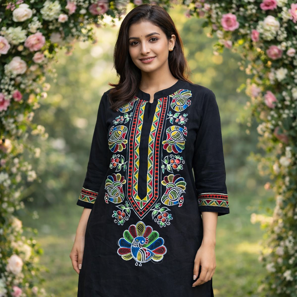 ChatGPT-Image-Feb-16-2026-12_32_02-AM.png Black Multicolor Peacock Folk Art Kurti - Image 1