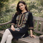 Black Multicolor Peacock Folk Art Kurti - Image 3