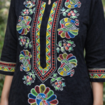 Black Multicolor Peacock Folk Art Kurti - Image 2