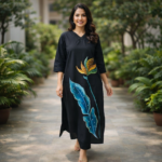 Black Leaf Art Straight Kurti