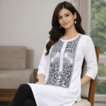 White Black Mandala Neck Kurti - Image 2