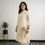 Beige Tiger Art Cotton Kurti
