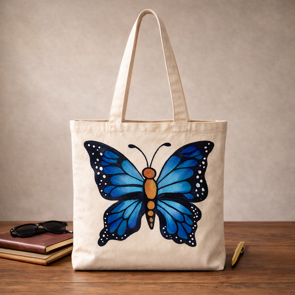 ChatGPT-Image-Feb-22-2026-03_16_27-AM.png Blue Monarch Butterfly Hand-Painted Cotton Tote Bag - Image 1