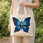 Blue Monarch Butterfly Hand-Painted Cotton Tote Bag - Image 3