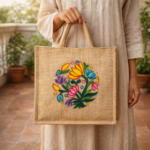Floral Wreath Jute Hand-Painted Tote - Image 3