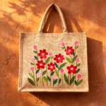 Scarlet Blossom Floral Jute Tote
