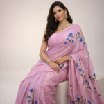 Blush Pink Floral Handpainted Saree - Image 3