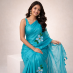 Aqua Bloom Handpainted Organza Saree - Image 3
