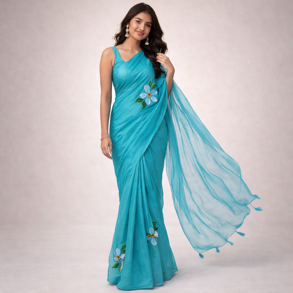 ChatGPT-Image-Feb-28-2026-04_16_44-PM.png Aqua Bloom Handpainted Organza Saree - Image 1