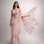 Bougainvillea Bloom – Hand-Painted Dull Rose Organza Saree - Image 3