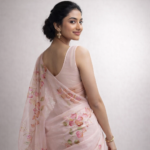 Bougainvillea Bloom – Hand-Painted Dull Rose Organza Saree - Image 4