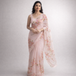 Bougainvillea Bloom – Hand-Painted Dull Rose Organza Saree