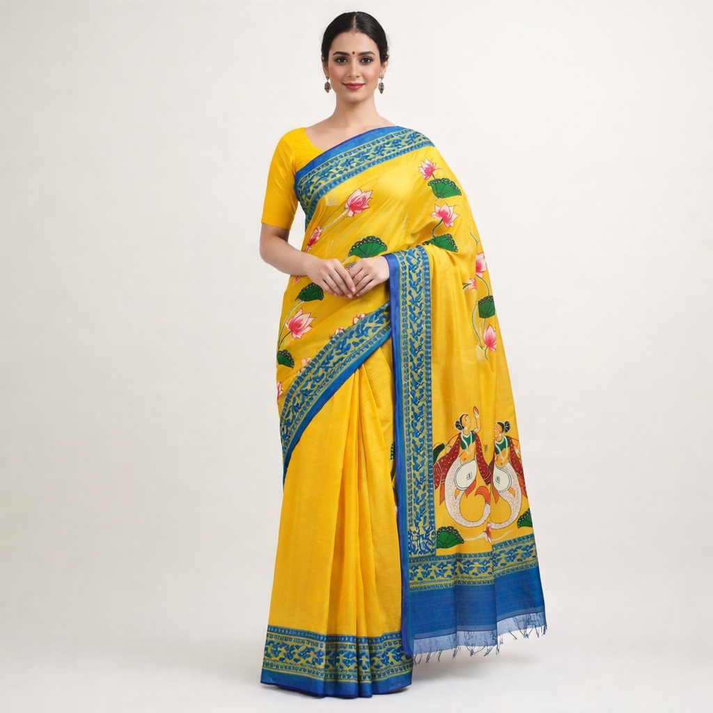 ChatGPT-Image-Feb-7-2026-06_27_54-AM-1.png Kalyani – Hand-Painted Cotton Saree (Pattachitra Art) - Image 1