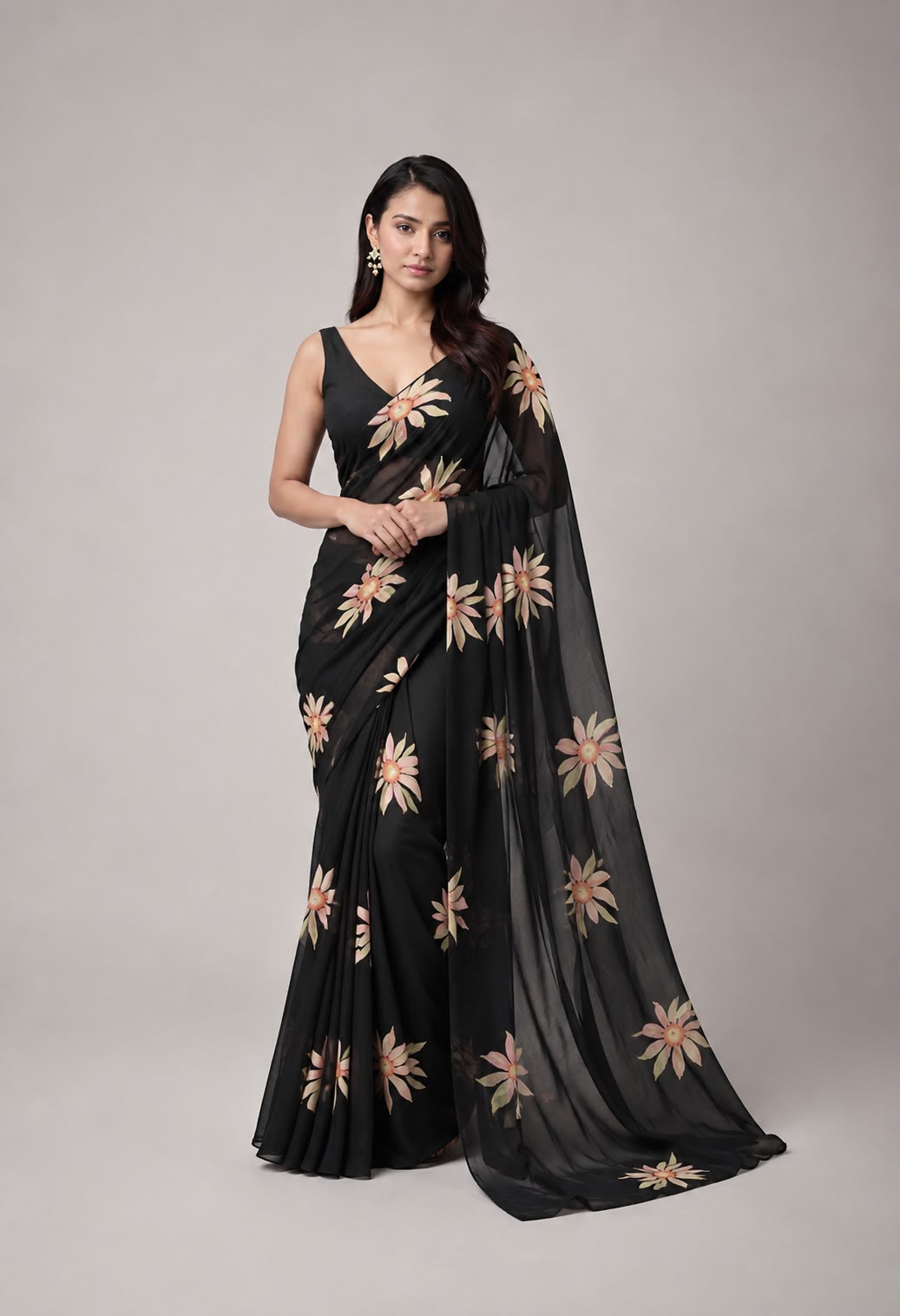 WhatsApp Image 2026-08-04 at 2.28.09 PM Noir Petal – Floral Chiffon Saree - Image 1